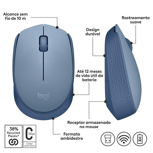 Mouse sem fio Logitech M170 com Design Ambidestro Compacto, Conexão USB e Pilha Inclusa - Azul Claro CX 1 UN