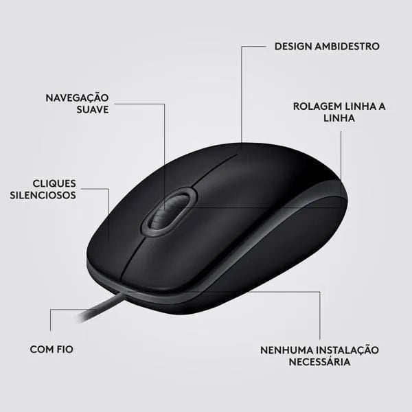 Mouse com fio USB Logitech M110 com Clique Silencioso, Design Ambidestro e Facilidade Plug and Play - Preto CX 1 UN