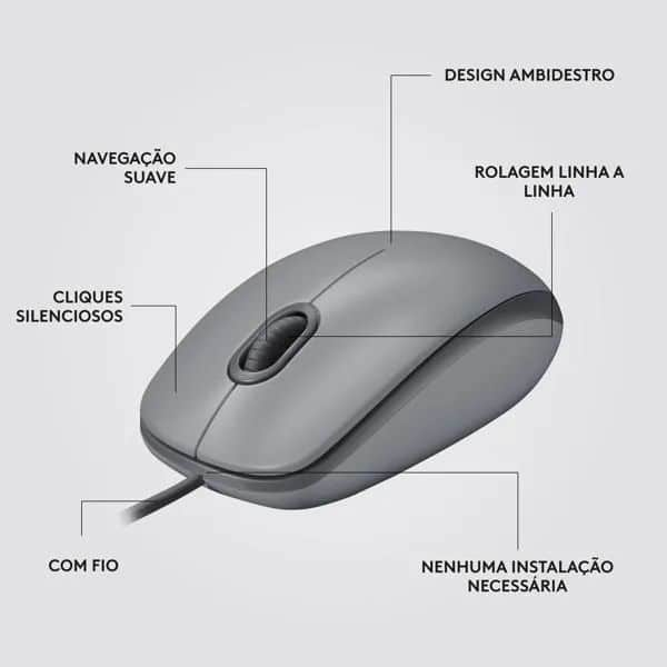 Mouse com fio USB Logitech M110 com Clique Silencioso, Design Ambidestro e Facilidade Plug and Play - Cinza CX 1 UN