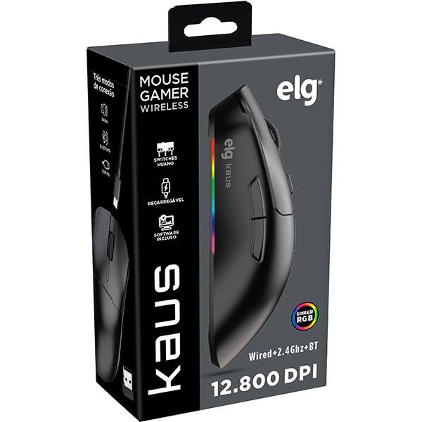Mouse Gamer Wireless Kaus, 12800 DPI, 6 Botões, RGB, Conexão Tri-Mode, ELG - CX 1 UN