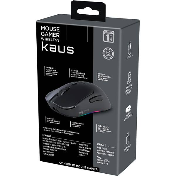 Mouse Gamer Wireless Kaus, 12800 DPI, 6 Botões, RGB, Conexão Tri-Mode, ELG - CX 1 UN
