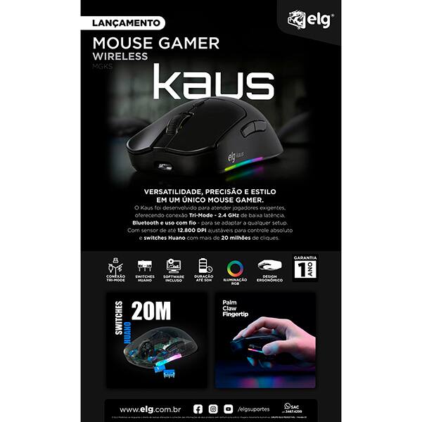 Mouse Gamer Wireless Kaus, 12800 DPI, 6 Botões, RGB, Conexão Tri-Mode, ELG - CX 1 UN