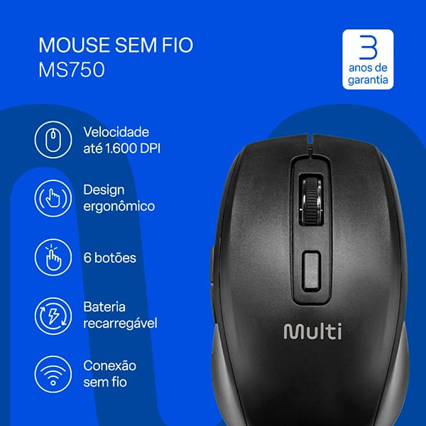 Mouse Bluetooth e Wireless 1600DPI, Preto, MS750, MO403, Multil - CX 1 UN Mouse Bluetooth e Wireless 1600DPI, Preto, MS750, MO403, Multil - CX 1 UN