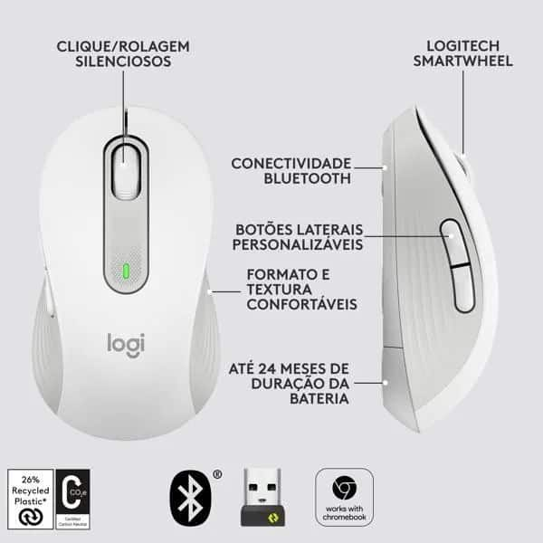 Mouse Sem Fio Logitech Signature M650 com Design de Tamanho Médio, Clique Silencioso, Conexão USB e Bluetooth - Branco CX 1 UN