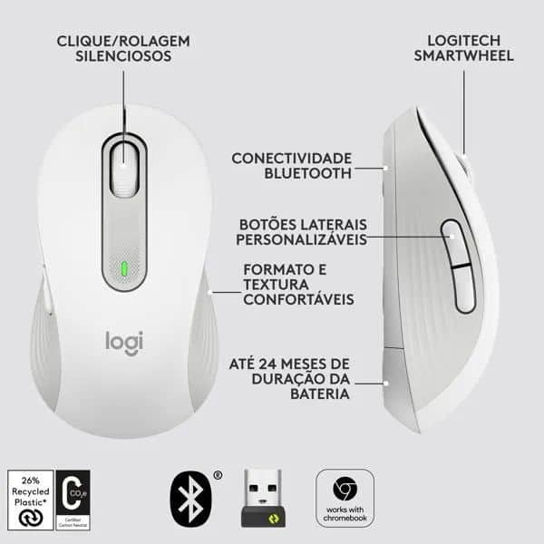 Mouse Sem Fio Logitech Signature M650 com Design de Tamanho Padrão, Clique Silencioso, Conexão USB e Bluetooth - Branco CX 1 UN