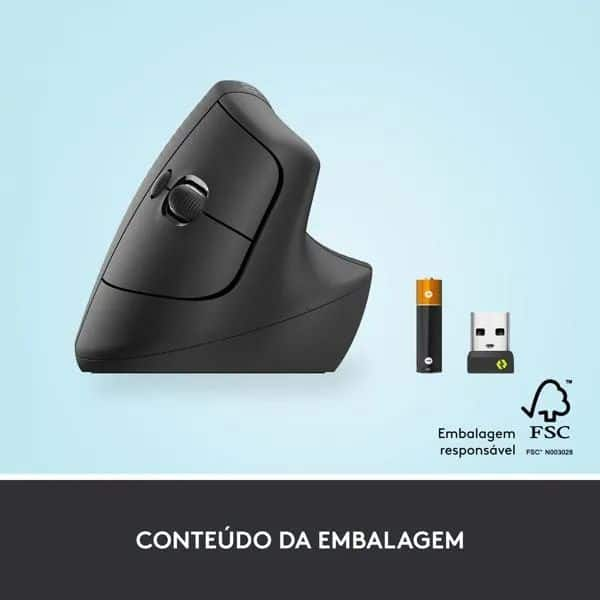 Mouse Sem Fio Logitech Lift Vertical com Design Ergonômico para Redução de Tensão Muscular, Cliques Silenciosos, Bluetooth ou USB - Grafite CX 1 UN