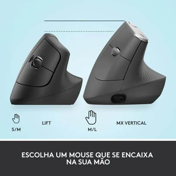 Mouse Sem Fio Logitech Lift Vertical com Design Ergonômico para Redução de Tensão Muscular, Cliques Silenciosos, Bluetooth ou USB - Grafite CX 1 UN