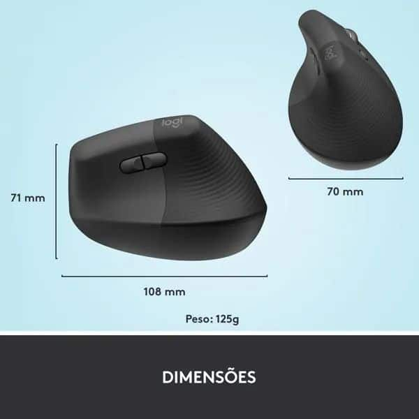 Mouse Sem Fio Logitech Lift Vertical com Design Ergonômico para Redução de Tensão Muscular, Cliques Silenciosos, Bluetooth ou USB - Grafite CX 1 UN