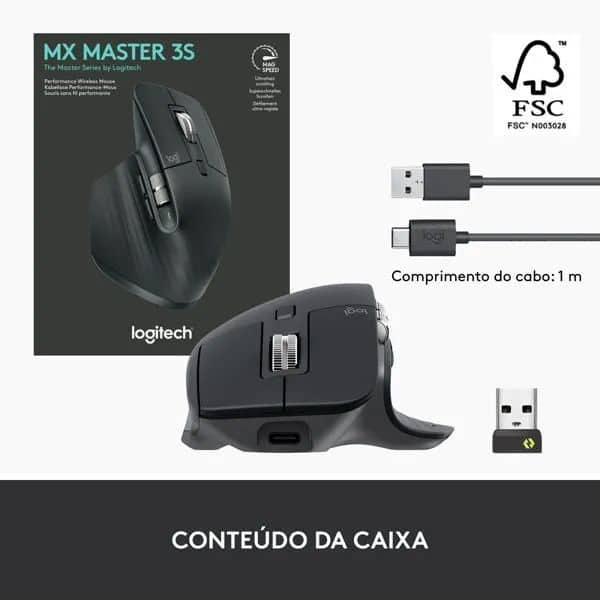 Mouse sem fio Logitech MX Master 3S para Uso em Qualquer Superfície, Clique Silencioso, Conexão USB ou Bluetooth- Grafite CX 1 UN