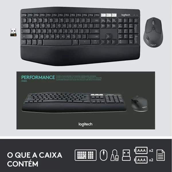 Combo Teclado e Mouse sem fio Logitech MK850 com Teclado com Apoio para as Mãos, Mouse Destro, USB Unifying ou Bluetooth e Pilha Inclusa CX 1 UN