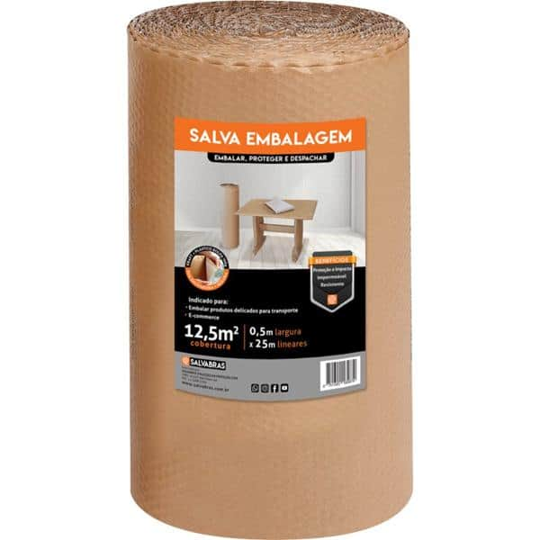 Papel Kraft com plástico bolha de alta resistência 0,5m x 25m, SalvaBras - RL 1 UN