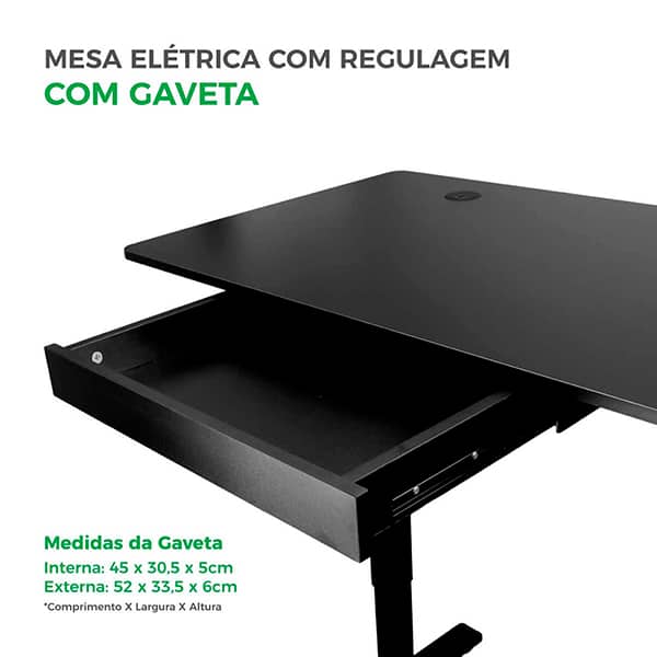 Mesa Ergonômica com Regulagem de Altura Motorizada Elétrica com Gaveta para Escritório e Home Office, Preta - Mixtou - CX 1 UN