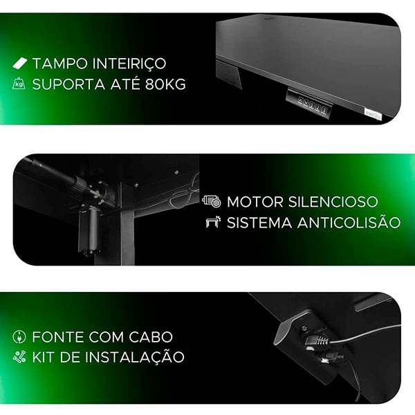 Mesa Ergonômica com Regulagem de Altura Motorizada Elétrica com Gaveta para Escritório e Home Office, Preta - Mixtou - CX 1 UN