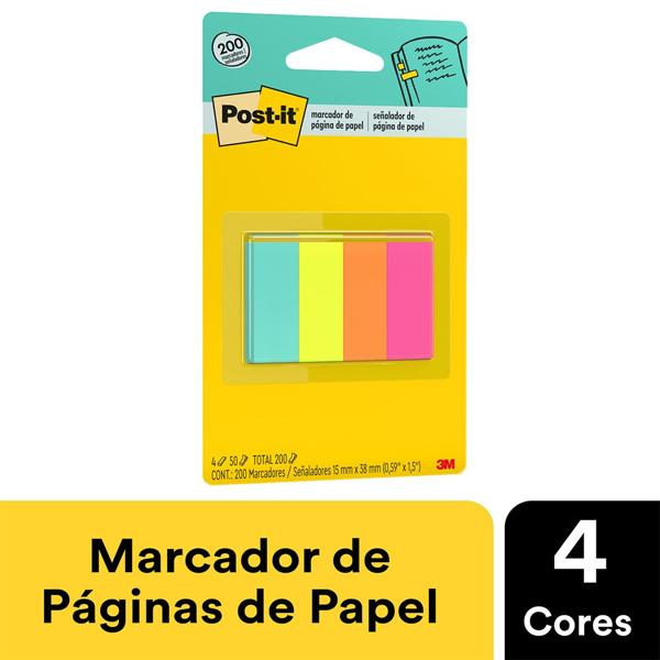 Marcador de Página Adesivo Post-it Flags de Papel – 38 mm x 15 mm, Cores Sortidas - PT 200 UN