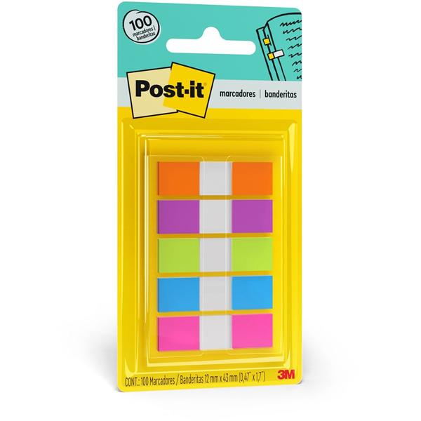 Marcador de Página Adesivo Post-it Flags 5 Cores Neon 11,9 mm x 43,2 mm - 100 folhas - BT 100 UN