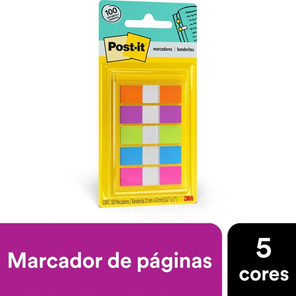 Marcador de Página Adesivo Post-it Flags 5 Cores Neon 11,9 mm x 43,2 mm - 100 folhas - BT 100 UN