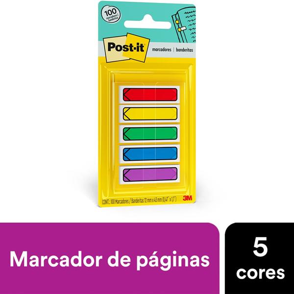 Marcador de Página Adesivo Post-it Flags Setas 5 Cores Sortidas 11,9 mm x 43,2 mm - 100 folhas - BT 100 UN