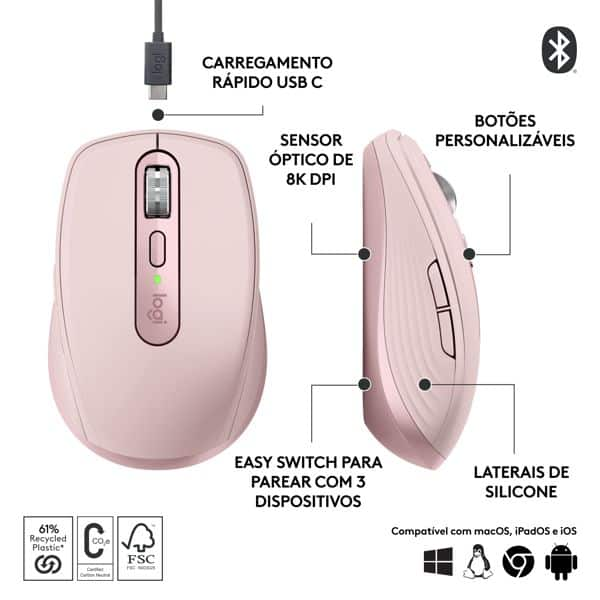 Mouse sem fio Logitech MX Anywhere 3S Compacto, Uso em Qualquer Superfície, Clique Silencioso, Recarregável, Conexão Bluetooth - Rosa CX 1 UN