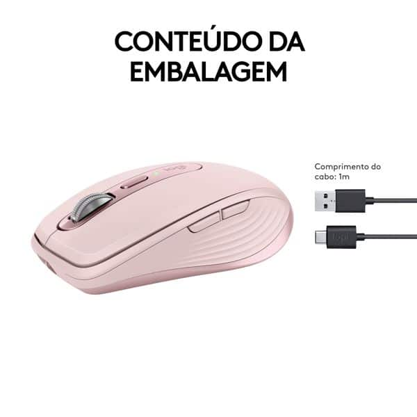 Mouse sem fio Logitech MX Anywhere 3S Compacto, Uso em Qualquer Superfície, Clique Silencioso, Recarregável, Conexão Bluetooth - Rosa CX 1 UN