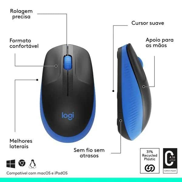 Mouse sem fio Logitech M190 com Design Ambidestro de Tamanho Padrão, Conexão USB e Pilha Inclusa - Azul CX 1 UN