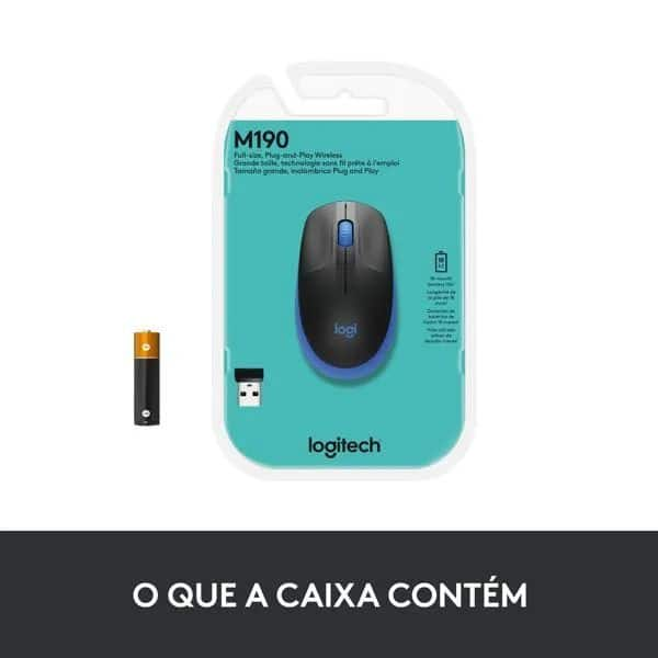 Mouse sem fio Logitech M190 com Design Ambidestro de Tamanho Padrão, Conexão USB e Pilha Inclusa - Azul CX 1 UN