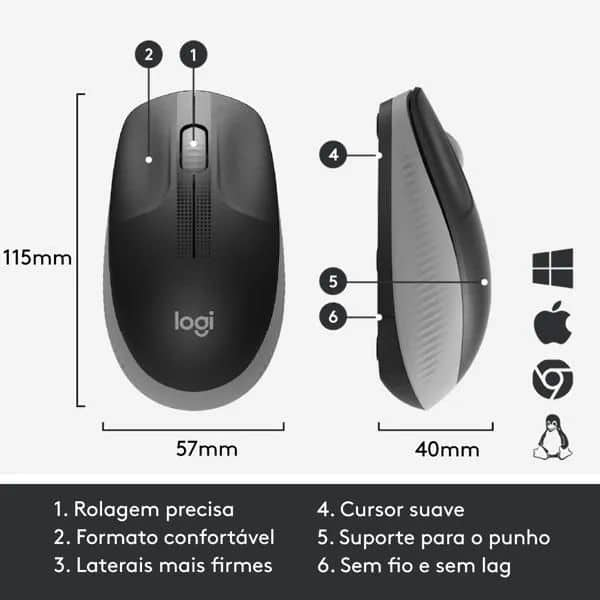 Mouse sem fio Logitech M190 com Design Ambidestro de Tamanho Padrão, Conexão USB e Pilha Inclusa - Cinza CX 1 UN