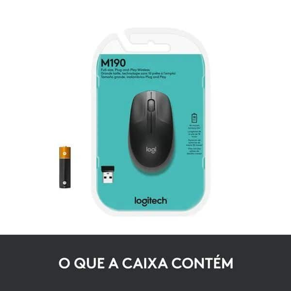 Mouse sem fio Logitech M190 com Design Ambidestro de Tamanho Padrão, Conexão USB e Pilha Inclusa - Cinza CX 1 UN