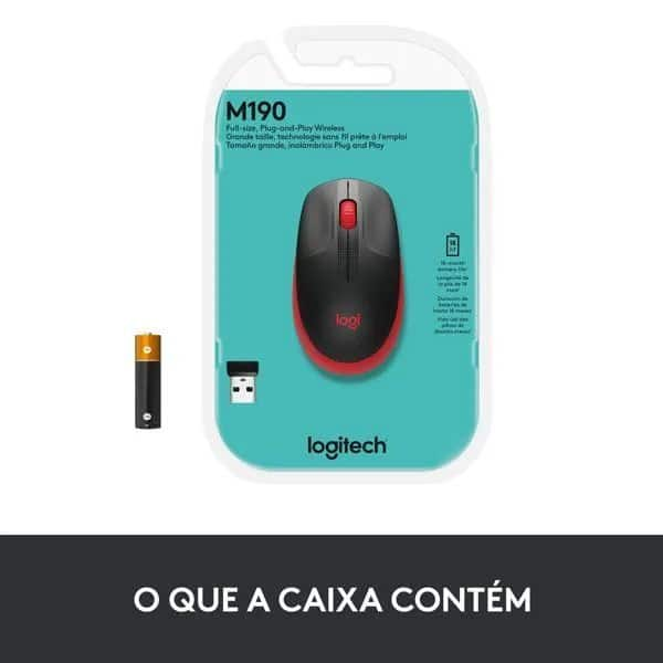 Mouse sem fio Logitech M190 com Design Ambidestro de Tamanho Padrão, Conexão USB e Pilha Inclusa - Vermelho CX 1 UN