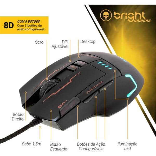 Mouse Gamer com fio USB 6400dpi Bright - CX 1 UN