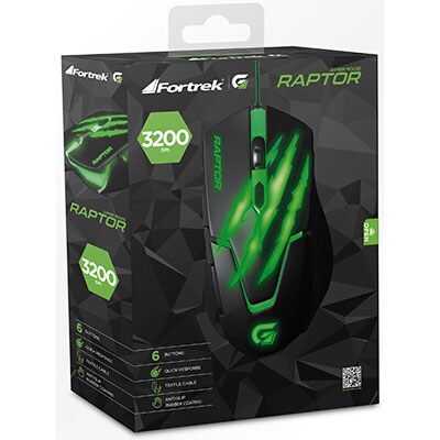 Mouse Gamer com fio USB 3200dpi Raptor preto/verde Fortrek - CX 1 UN