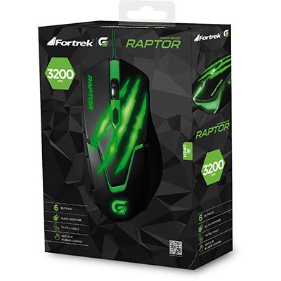 Mouse Gamer USB 3200dpi Raptor preto/verde 60839 Fortrek CX 1 UN