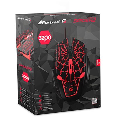 Mouse Gamer com fio USB 3200dpi Spider preto/vermelho Fortrek - CX 1 UN