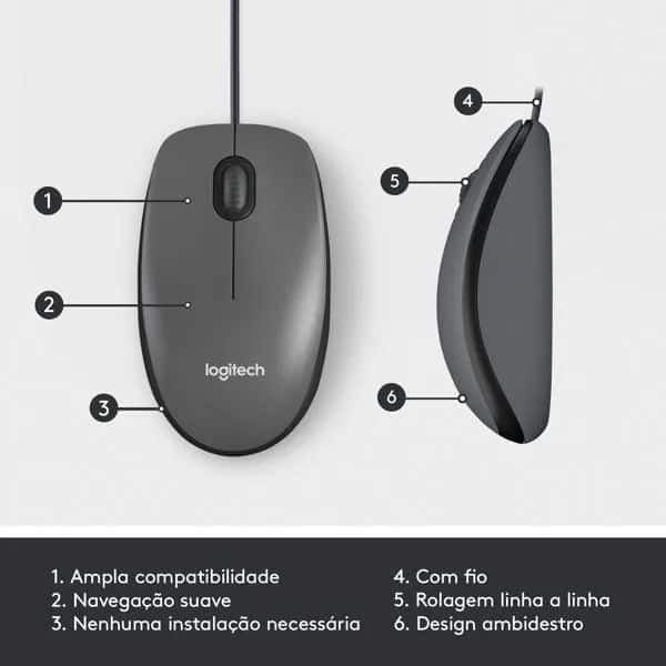 Mouse com fio USB Logitech M100 com Design Ambidestro e Facilidade Plug and Play - Cinza BT 1 UN