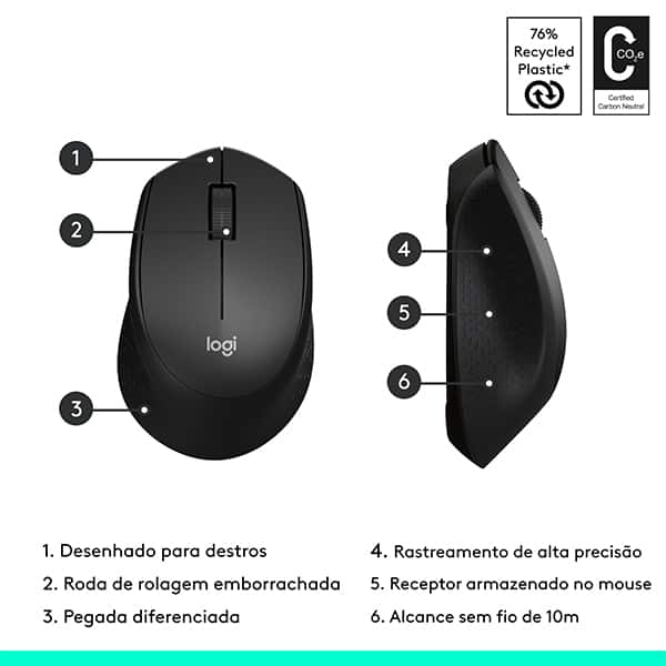 Mouse sem fio Logitech M280 com Conexão USB e Pilha Inclusa - Preto CX 1 UN