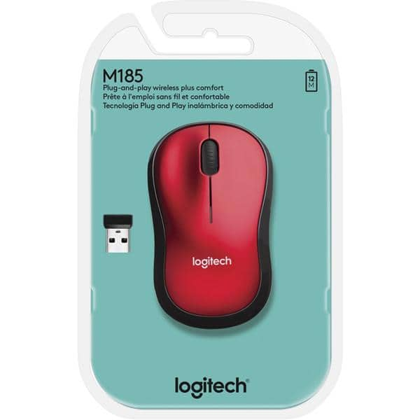 Mouse sem fio Logitech M185 com Design Ambidestro Compacto, Conexão USB e Pilha Inclusa - Vermelho CX 1 UN