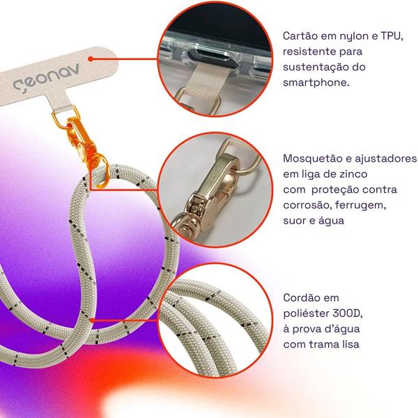 Cordão universal para Smartphone ajustável em poliéster, 1,6m, Cinza, CDUM04, Geonav - CX 1 UN