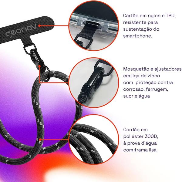 Cordão universal para Smartphone ajustável em poliéster, 1,6m, Preto, CDUM01, Geonav - CX 1 UN