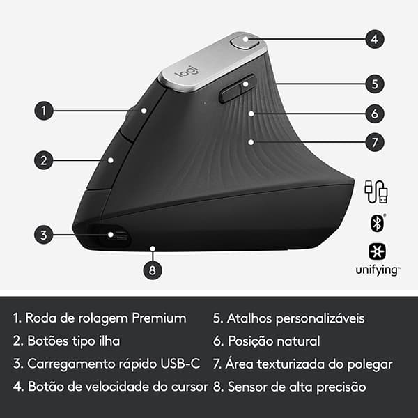Mouse Bluetooth Logitech, Ergonômico, 4000 dpi, 910-005449, Grafite - CX 1 UN
