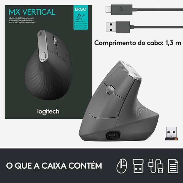 Mouse sem fio Logitech, MX Vertical com Design Ergonômico, USB Unifying, Bluetooth, Bateria Recarregável - CX 1 UN