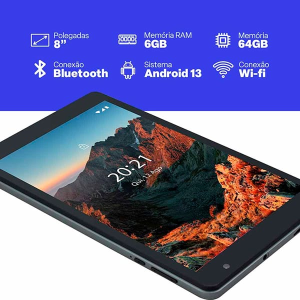 Tablet M8, 6GB de Armazenamento, 64GB de Memória, Android 13, Wi-fi, Tela de 8", Cinza, NB426, Multi - CX 1 UN Tablet M8, 6GB de Armazenamento, 64GB de Memória, Android 13, Wi-fi, Tela de 8", Cinza, NB426, Multi - CX 1 UN