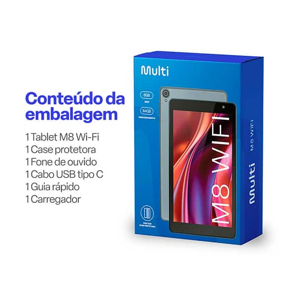 Tablet M8, 6GB de Armazenamento, 64GB de Memória, Android 13, Wi-fi, Tela de 8", Cinza, NB426, Multi - CX 1 UN Tablet M8, 6GB de Armazenamento, 64GB de Memória, Android 13, Wi-fi, Tela de 8", Cinza, NB426, Multi - CX 1 UN