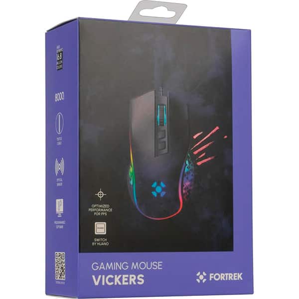 Mouse Gamer com fio USB, Vickers, 8000DPI, com 8 botões, iluminação RGB, Preto, 77246, Fortrek - CX 1 UN Mouse Gamer com fio USB, Vickers, 8000DPI, com 8 botões, iluminação RGB, Preto, 77246, Fortrek - CX 1 UN