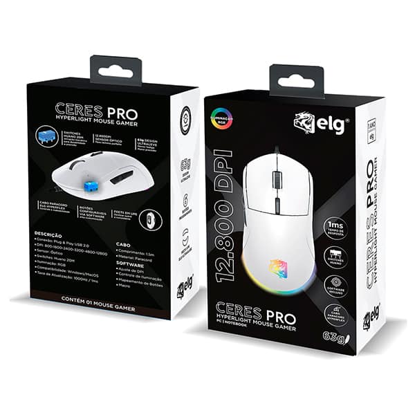 Mouse gamer com fio, Ceres Pro Hyperlight, MGCSPRO, Conexão USB, Branco, 12800 DPI, 6 botões programáveis, Sensor óptico, Elg - CX 1 UN