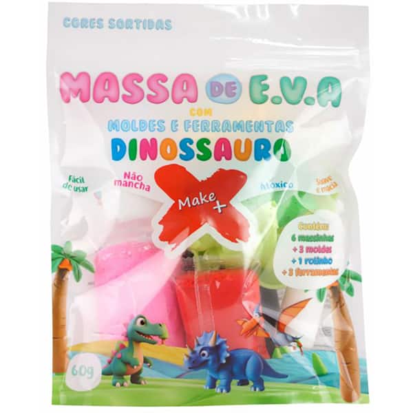 Massa de modelar Kit Dinossauro 60g 13802 Make+ PT 1 UN