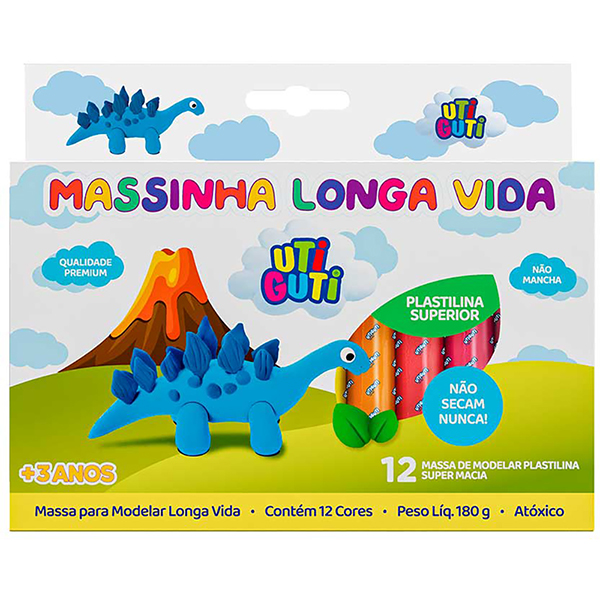 Massa de modelar, 180g, longa vida, com 12 cores, 300005, Uti Guti - 1 UN