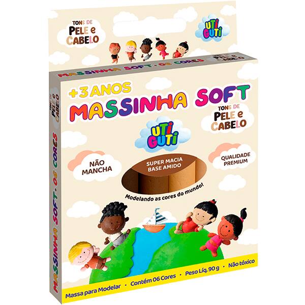 Massa p/modelar 90g c/6 cores tons pele e cabelo 600005 Uti Guti CX 1 UN