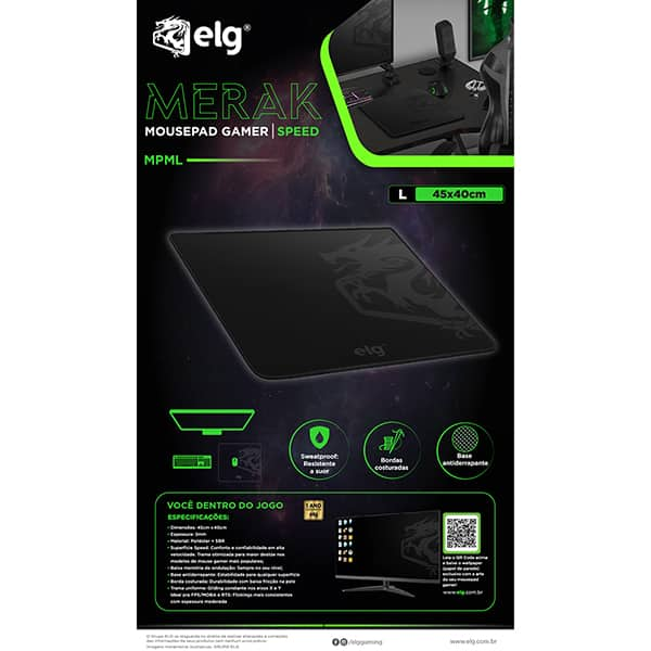 Mouse Pad Gamer Merak. 450mm x 400mm x 3mm, Preto, MPML, Elg - CX 1 UN