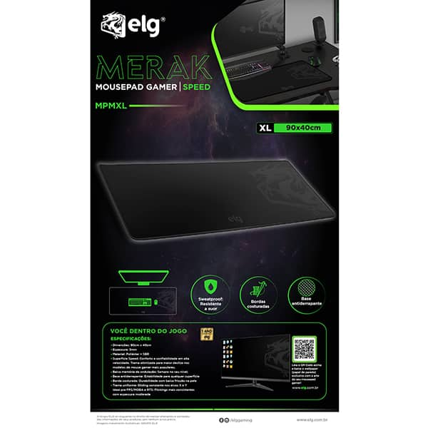 Mouse Pad Gamer Merak. 900mm x 400mm x 3mm, Preto, MPMXL, Elg - CX 1 UN