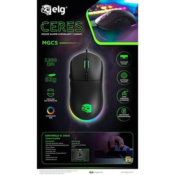 Mouse Gamer Ceres, 7200dDPI, Hyperlight, LED, USB, Preto, MGCS, Elg - CX 1 UN