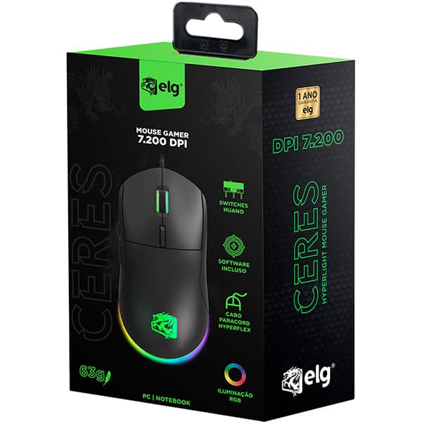 Mouse Gamer Ceres, 7200dDPI, Hyperlight, LED, USB, Preto, MGCS, Elg - CX 1 UN